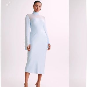 MESHKI Patricia High Neck Satin MIDI Dress Powder Blue
